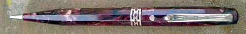 DORIC RED MARLED PENCIL. Uses 0.046" leads. Gold filled trim wit initials "ERD" engraved on the clip in a Deco font